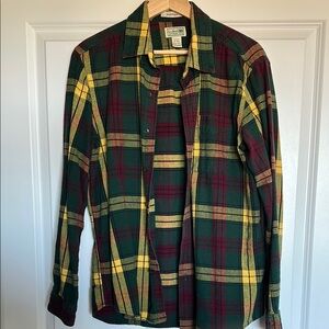 L.L. Bean Men's Green, Yellow, and Burgundy Plaid Flannel